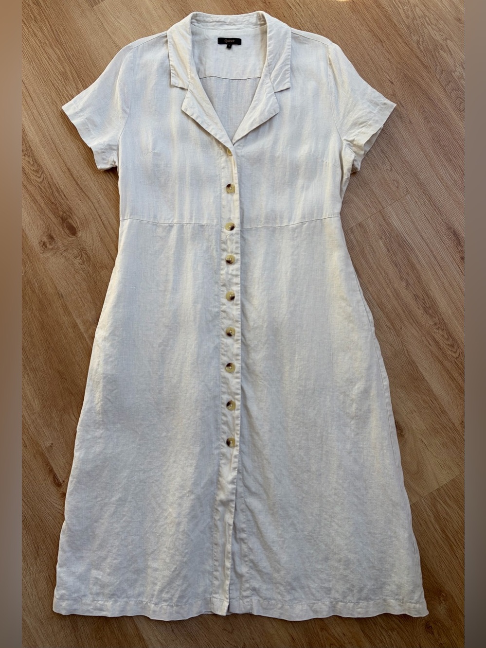 Quince Linen Dress 100% European Linen Button Front Midi Sand Light Tan Lg $218